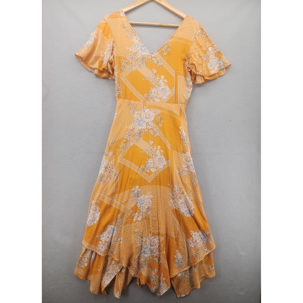 Jessica Simpson Yellow Floral Handkerchief Hem Midi Dress Boho Flutter Sleeve S